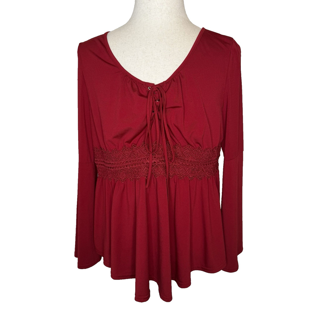Scarlet Darkness Red Lace Up Blouse 2XL Split Bell Sleeves Renaissance Gothic